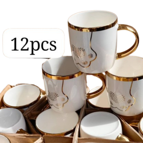 12 Tasses en Céramique avec Finitions Dorées