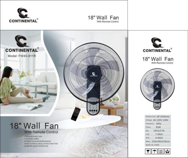 Ventilateur mural Continental FW45-811R 18” avec télécommande